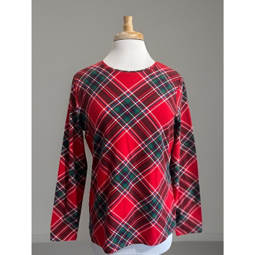 The Talbots Tee Womens Large Red Tartan Plaid Cotton Stretch Long Sleeve